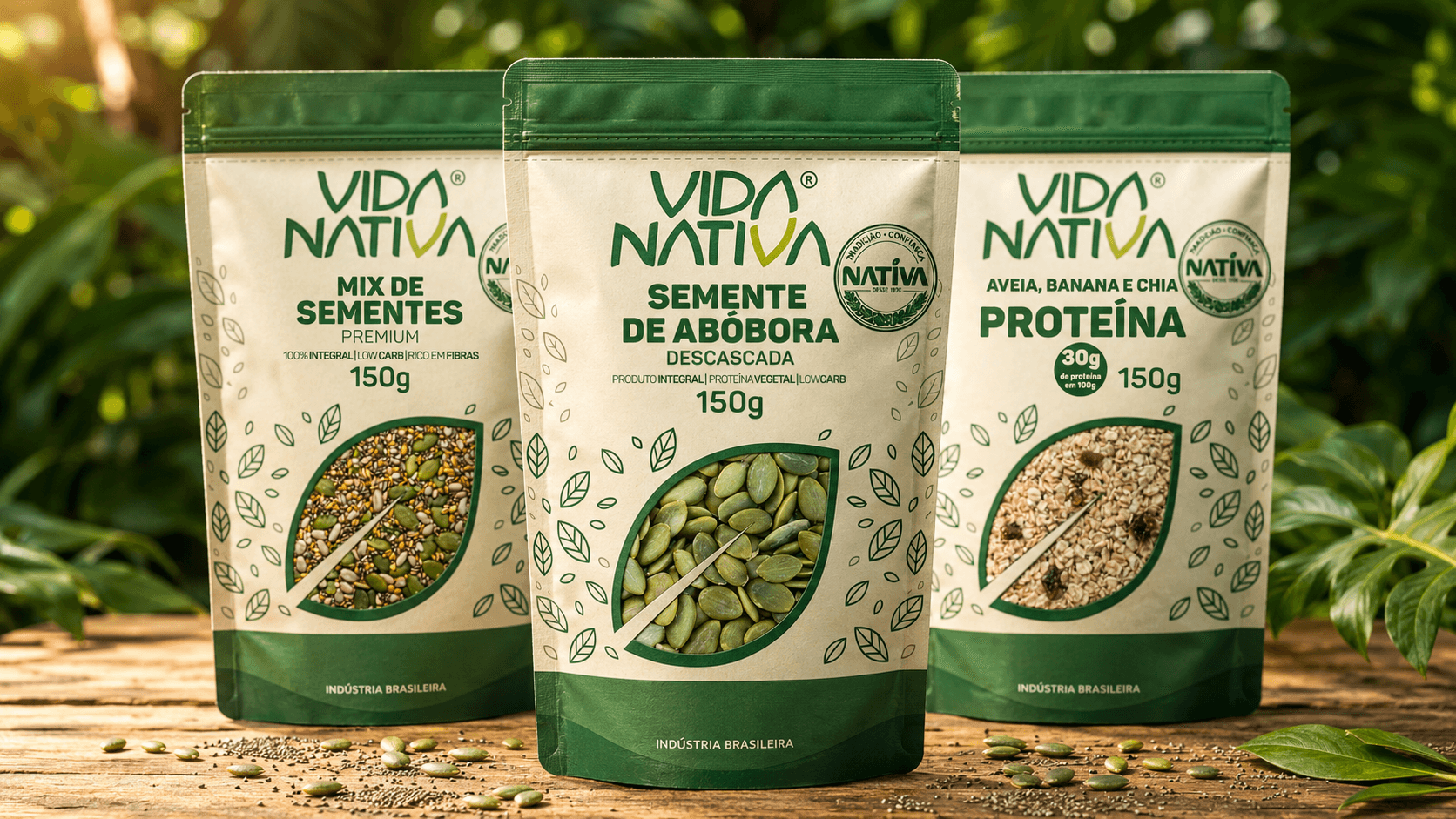 Linha de produtos naturais Nativa Alimentos — granolas, sementes e castanhas